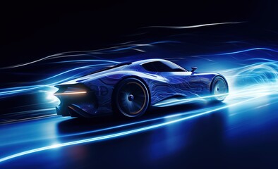 Wall Mural - futuristic sport car driving speedily with light reflections in the dark