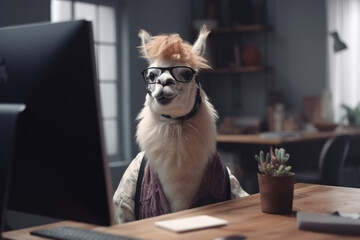 llama hipster working at the computer in the office, generative ai