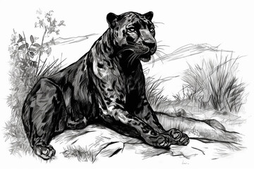 Hand drawn ink illustration of a black panther in its natural habitat. Generative AI.