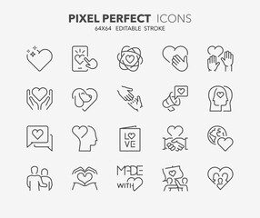 Set of thin line icons about love. Editable vector stroke. 64x64 Pixel Perfect.