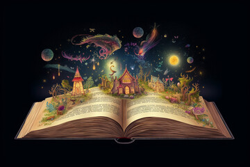 Wall Mural - Illustration of a magical book containing beautiful fantastic stories. Generative AI