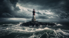 Illustration Of A Beautiful Lighthouse In A Dramatic Storm. Generative AI