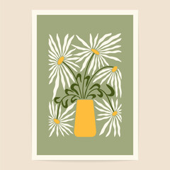 Wall Mural - Minimal flower poster. Abstract daisy floral naive art print Matisse inspired, botanical wall decor. Vector illustration