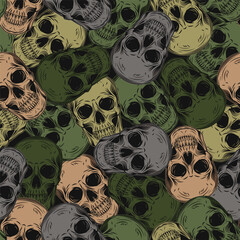 Sticker - Green khaki camouflage pattern with human skulls. Vintage style. Dense random chaotic composition. Good for apparel, fabric, textile, sport goods.
