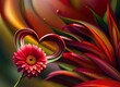 Traumhafte moderne Kreation einer roten Blume, roter Farbverlauf im Hintergrund, Herzen und Bokeh, 3d-generiert