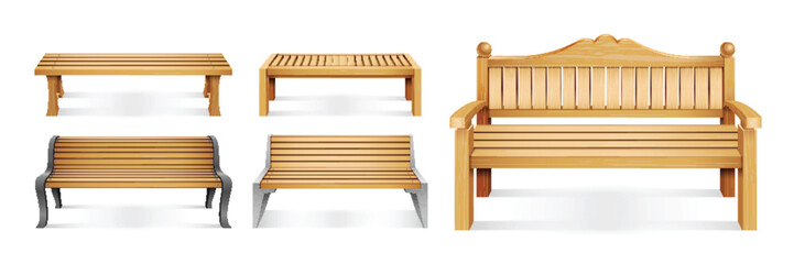 Canvas Print - Realistic Wooden Park Benches Icon Set