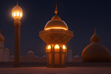 Wall Mural - Ramadan Arabic Lantern glowing on the desert Islamic background. Generative AI