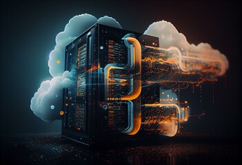 Cloud technology, computing. Devices connected to digital storage in the data center via the Internet, IOT, Smart Home Communication laptop, tablet, phone home devices with an online. Generative AI