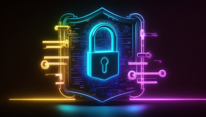 Wall Mural - 2D Rendering Cybersecurity Icon Creative Illustration. Glowing, simple, colourful, 8K, High Quality Resolution, Security, Cyberattacks, Advertisement. glowing neon light