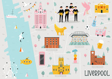Vecror Illustration Of Liverpool Map With Famous Symbols, Hotspots, Travel Destinations. Cityscape With Colorful Icons.