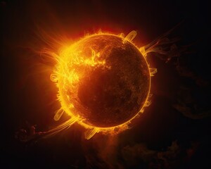 The sun seen close up with explosions on its surface on a black background. Generative AI