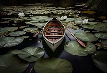 Rowboat And Paddles On Tranquil Lake With Lily Pads. Generative AI