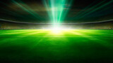 Fototapeta Sport - Sports stadium with grass pitch and lighted floodlighting towers. Generative AI