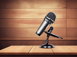 A vintage-style microphone and bokeh lights in the wooden background. 