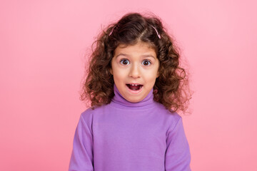 Wall Mural - Photo of impressed sweet small kid wear violet sweater open mouth isolated pink color background