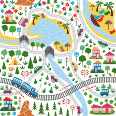 Naklejka na meble Detailed children's map of the city. Cars, buses and trains, houses and roads, river, forest and city seamless childish pattern