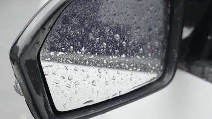 Poster - Closeup shot of rain droplets on a car side mirror