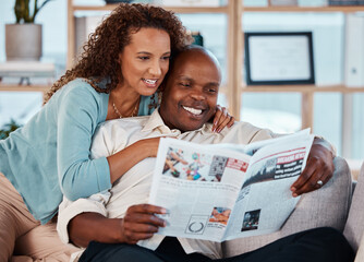 couple, happy and reading newspaper in home, living room and check article information. man, woman a