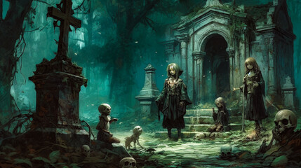 Young Children ghost, at a grave yard with skulls and candle light digital painting artwork. Computer AI generated illustration art.