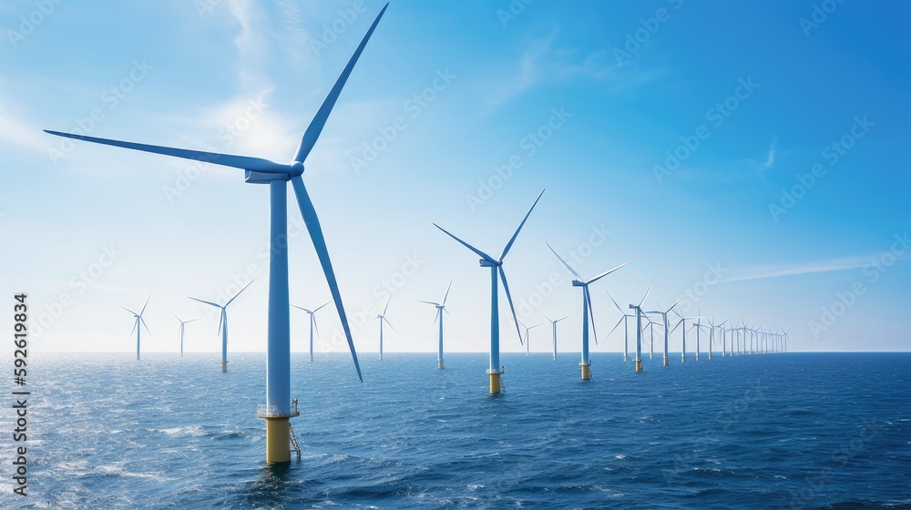 A photo of an offshore wind farm with turbines in the ocean. Stock ...