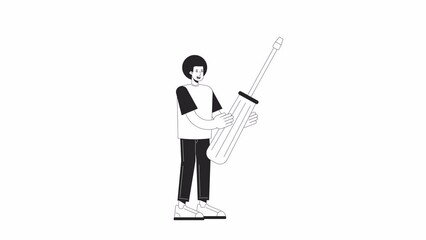 Wall Mural - man holding screwdriver bw animation. animated happy male mechanical engineer 2d flat monochromatic 