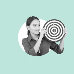 Poster - Businesswoman with a dart and target, focus concept.