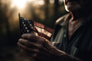 Closeup of veteran old man hand with American national flag sunlight,  heroe, Memorial Day, Independence day, AI Generative.