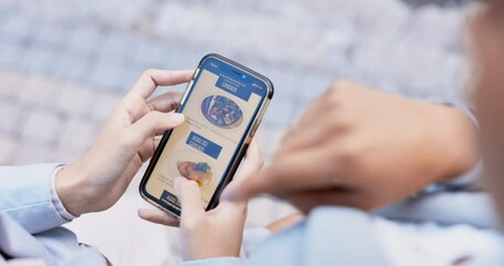Hands, phone and order online shopping for food using mobile app, website or internet outdoors in a city. Scrolling, choice and people or colleagues with cellphone screen using ecommerce