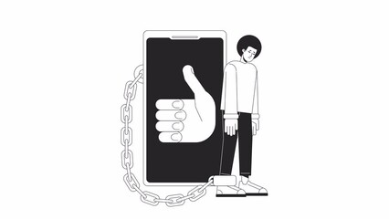 Wall Mural - being chained to phone bw animation. animated addicted to likes user 2d flat monochromatic thin line