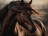 A close-up of a brown horse's mane blowing in the wind