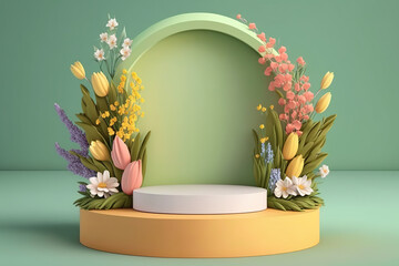 Wall Mural - Beautiful abstract springtime minimal podium display. Horizontal background bright colors. AI generative image.