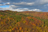 Fototapeta  - A forested mountain (Cergowa) in autumn colors in Beskid Niski, Poland.