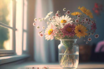 Spring time still live with bouquet of flowers in vase on blurred window background. AI generative image.