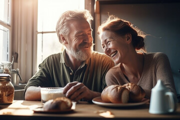 Elderly couple cooking in a kitchen. Generative AI.