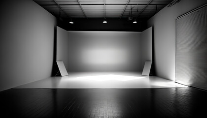 Wall Mural - Illustration of empty clean professional photo studio. Horizontal indoor background with copy space. Generative AI image.