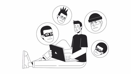 Wall Mural - online scams bw animation. animated cybercriminals and victim 2d flat monochromatic thin line charac