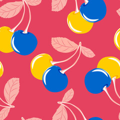 Wall Mural - Yellow and blue cherries with leaves on a pink background. Berry background. Seamless cute pattern with sweet cherry. Vector.