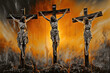 Three crosses on Calvary oil painting symbolic of the crucifixion of Jesus Christ created with Generative AI