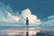 Leinwandbild Motiv woman standing in the sea at the beach looking at the summer sky with big clouds, illustration digital design art style, generative AI