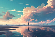 Woman Standing In The Sea At The Beach Looking At The Summer Sky With Big Clouds, Illustration Digital Design Art Style, Generative AI