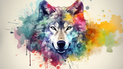 Aufkleber - illustration of watercolor wolf, abstract color background, generative ai.