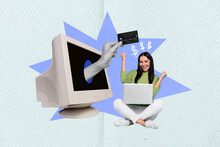 Poster Picture Template Collage Of Excited Young Woman Using Netbook Technology Ordering Receive Money Cashback