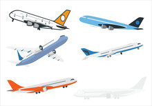 Set Of Cartoon Airplanes Side View. Retro Aircraft Icons Vector Illustration Isolated On White Background. Flat Style Set Of Commercial And Private Airplanes. Business Jet Light Motor Plane.