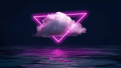 Abstract design for horizontal wallpaper, background. Neon pink triangle in cloud over night ocean, water. Dark background. Fluorescent light, reflection. Futurism, creative vision. Space for text