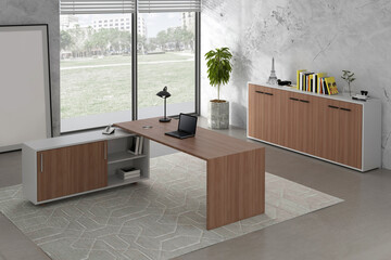 Wall Mural - 3D render interior design Office Room . Office desks without office chairs