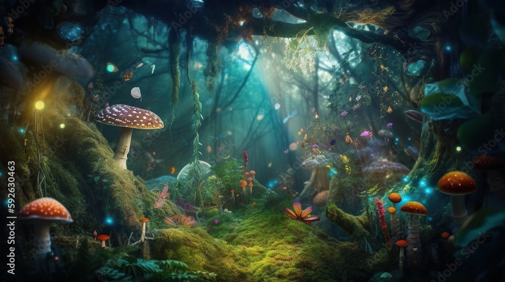 Beautiful and mysterious enchanted forest with mushrooms, fireflies ...