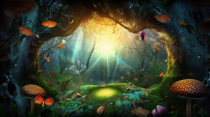 Wall Mural - Beautiful and mysterious enchanted forest with mushrooms, fireflies, butterflies and other creatures and plants. Copy space in the middle, outdoor nature background. AI generative image.