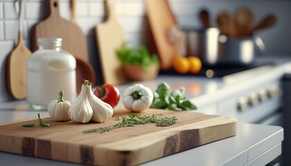 Wall Mural - Close up chopping or cutting wooden board with vegetables on the table, day light kitchen interior, indoor background with copy space. AI generative images.