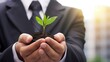 © vlntn - Businessman wearing suit holds small fresh green sprout. Investment or new beginning concept. Soil with young plant in cupped hands. Eco friendly business idea. AI generative image.