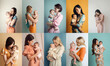 © Roman - Collage of colorful illustration of a mother holding a child. Set for international Mother's Day celebration generative ai